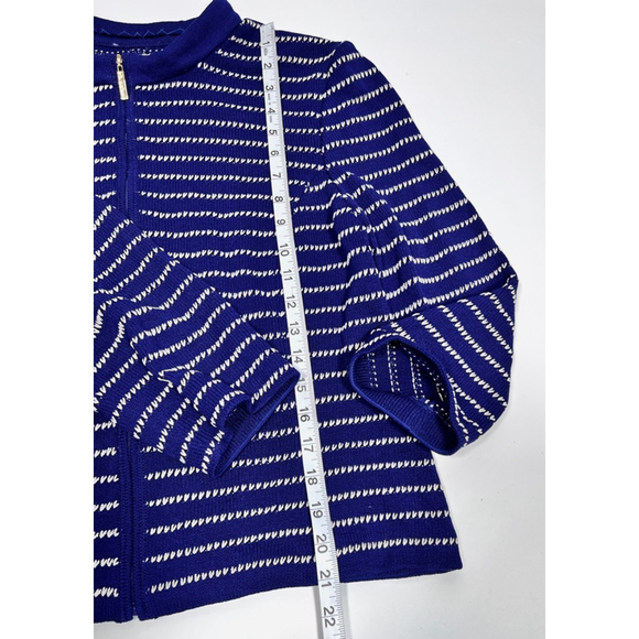 ST. JOHN Womans Sweater Cardigan Zip Front Wool Blend Striped M Blue White - Picture 5 of 12